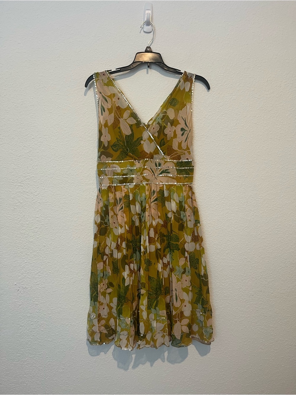 Adrianna Green Floral Sequin V Neck Silk Midi Dress Size 4